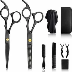 Aanbiedingen 🧨 Cosy @ Home - Professionele 8 In 1 Kappersset - Zwarte Scharen - Kapperset - Scherpe Scharen - Kapper - Kapmantel - Kappersmantel - Kapperschort - Uitdunschaar - Haarschaar - Kapperskam - Kappersschaar - Effileerschaar - Kappersschaar Rechtshandig 🔥