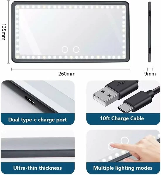 Uitgang π JO&RAE-Auto Zonneklep Make-up Spiegel Met Led Verlichting Zwart-3 Kleurenmodus-Oplaadbare Auto Vanity Spiegel β 5 Uitgang π JO&RAE-Auto Zonneklep Make-up Spiegel Met Led Verlichting Zwart-3 Kleurenmodus-Oplaadbare Auto Vanity Spiegel β - Afbeelding 3